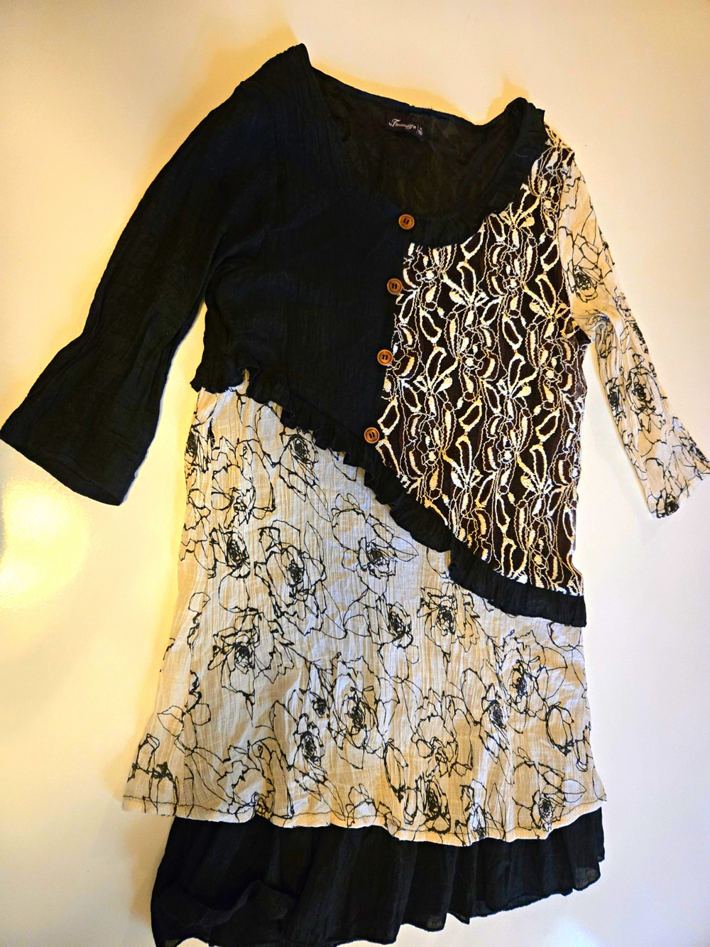 Feminality Women’s XL Dress Black White Floral Lace Asymmetrical Boho Layered